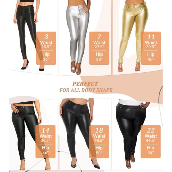 Womens Plus Size 20 Skinny Stretch Coated Pants - Stylish & Edgy Black Fashion - Picture 4 of 8